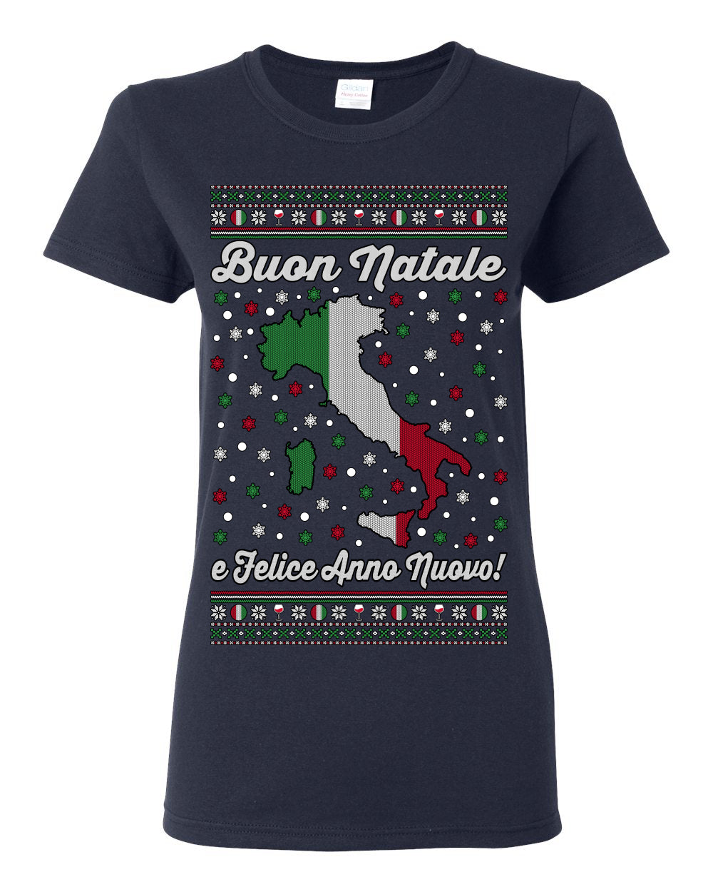 Buon Natale e Felice Anno Nuovo! Merry Christmas and Happy New Year, Funny Classic Italy Peninsula Italian Ugly Christmas Sweater Ugly Christmas Womens Graphic T-Shirt