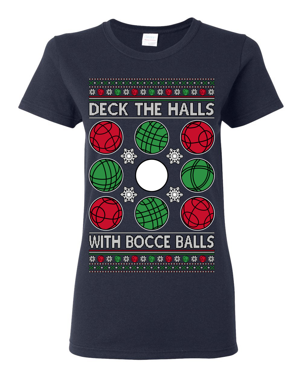 Deck the Halls with Bocce Balls, Funny Classic Italy Italian Sports Ugly Christmas Sweater Ugly Christmas Womens Graphic T-Shirt