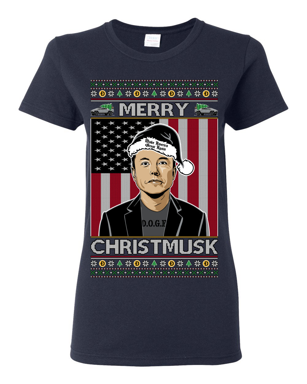 Merry Christmusk Funny Dark MAGA Santa Elon Doge Meme, Crypto Dogecoin America First USA Republican Ugly Christmas Sweater Ugly Christmas Womens Graphic T-Shirt