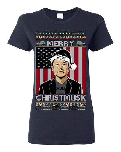 Merry Christmusk Funny Dark MAGA Santa Elon Doge Meme, Crypto Dogecoin America First USA Republican Ugly Christmas Sweater Ugly Christmas Womens Graphic T-Shirt