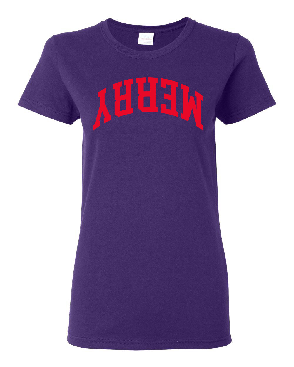Merry Red Text, Classic College Style Trendy Upside Down Text Ugly Christmas Sweater Ugly Christmas Womens Graphic T-Shirt