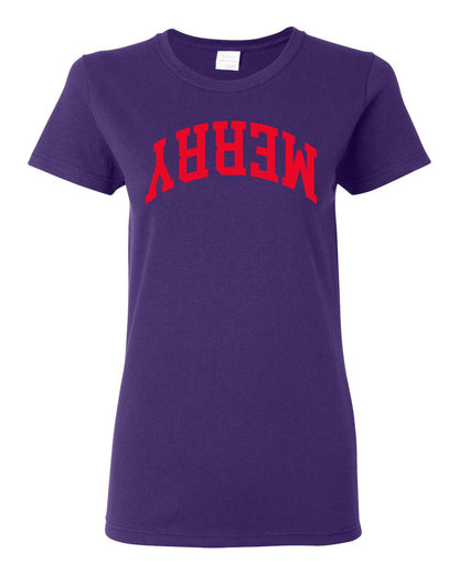 Merry Red Text, Classic College Style Trendy Upside Down Text Ugly Christmas Sweater Ugly Christmas Womens Graphic T-Shirt