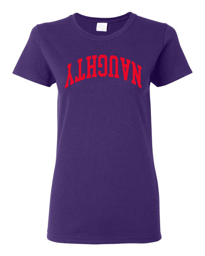 Naughty Red Text, Classic College Style Trendy Upside Down Text Ugly Christmas Sweater Ugly Christmas Womens Graphic T-Shirt