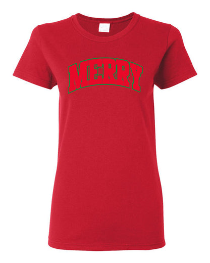 Merry | Cute Winter Holiday College Style Ugly Christmas Womens Graphic T-Shirt