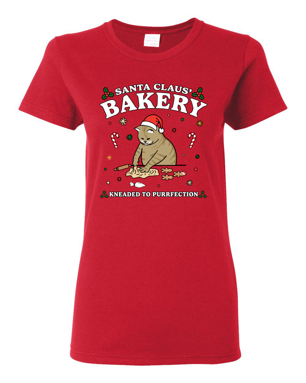 Santa Claus Bakery | Bread Kneaded to Purrfection, Funny Cute Cat Chef Baker Joke Ugly Christmas Womens Graphic T-Shirt