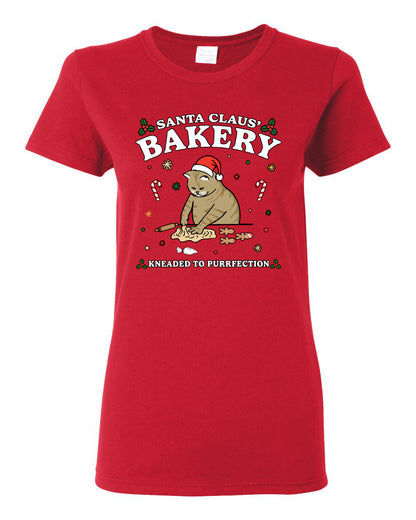 Santa Claus Bakery | Bread Kneaded to Purrfection, Funny Cute Cat Chef Baker Joke Ugly Christmas Womens Graphic T-Shirt