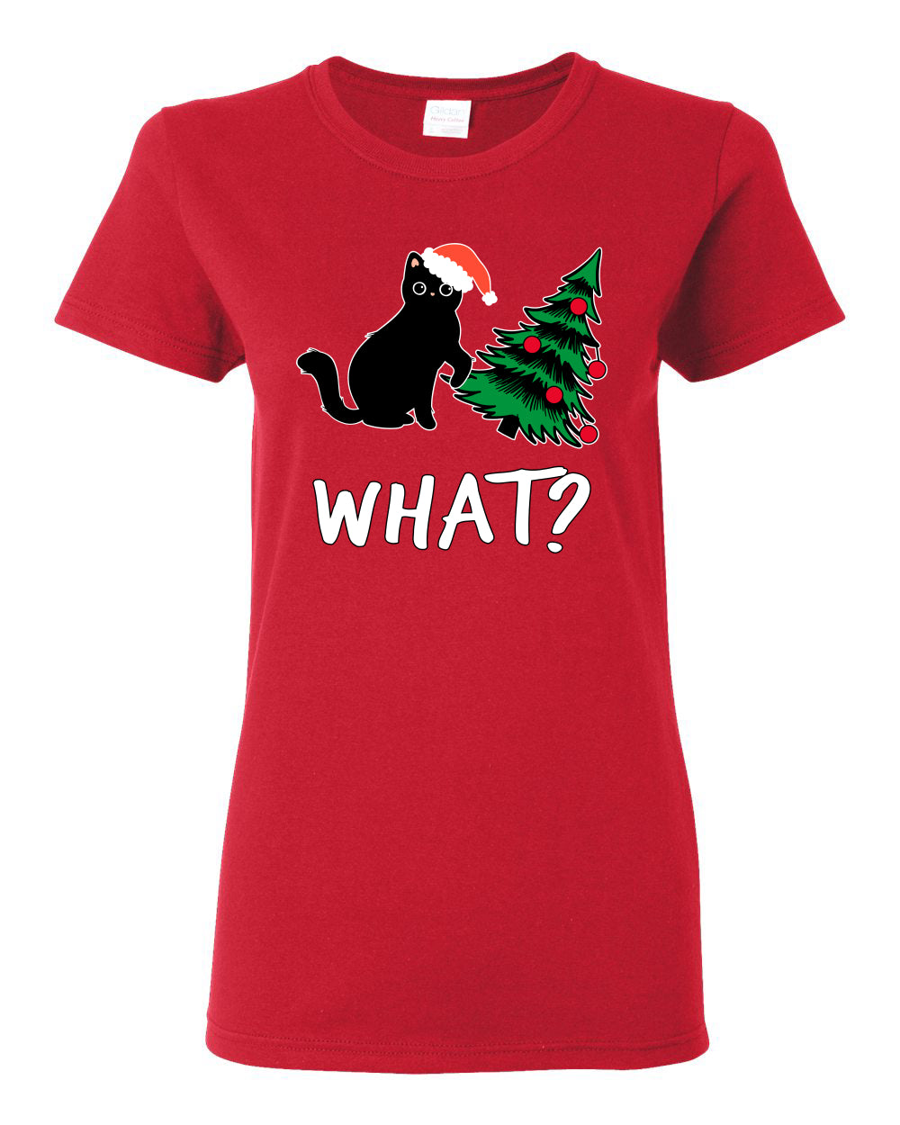 What? Funny Guilty Santa Cat Christmas Tree Mischief Pet Humor Ugly Christmas Womens Graphic T-Shirt