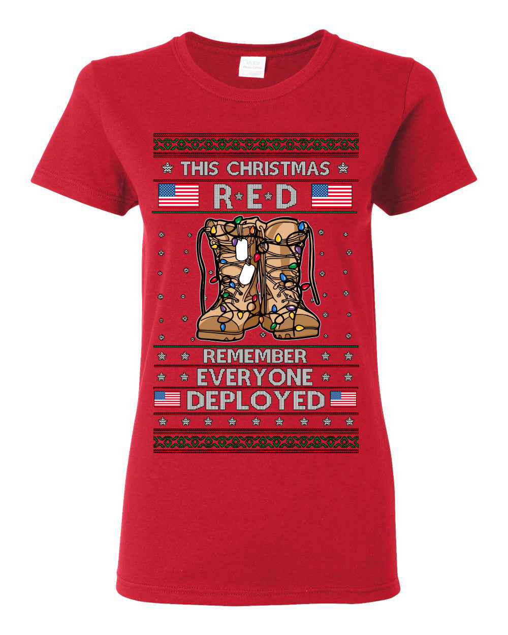 This Christmas RED Remember Everyone Deployed, Pro Military Vet 1st 2nd Amendment Veteran, RED Friday Ugly Christmas Sweater Ugly Christmas Womens Graphic T-Shirt