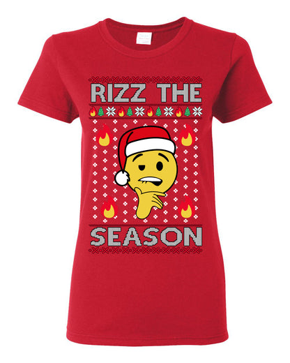 Rizz the Season, Viral Internet Fire Emoji Face Meme Romance Slang, Ugly Christmas Sweater Ugly Christmas Womens Graphic T-Shirt