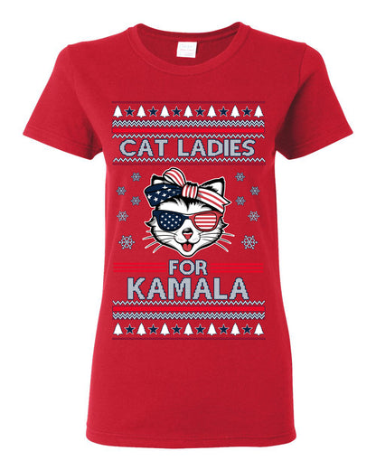 Cat Ladies for Kamala USA Glasses, Harris Tim Walz 2024 Cute USA Glasses Bow, Ugly Christmas Sweater Crewneck Sweatshirt Ugly Christmas Womens Graphic T-Shirt