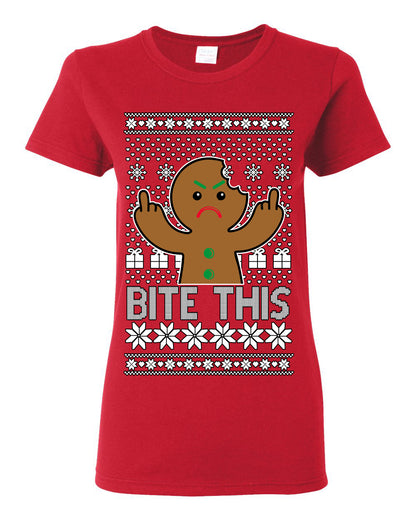 Bite This, Funny Gingerbread Cookie Offensive Inappropriate Middle Finger, F U Ginger Bread Dirty Novelty Xmas Ugly Christmas Sweater Ugly Christmas Womens Graphic T-Shirt