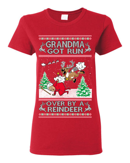 Grandma Got Run Over by a Reindeer, Funny Animated Design Rein Deer Kids TV Song Movie, Ugly Christmas Sweater Ugly Christmas Womens Graphic T-Shirt