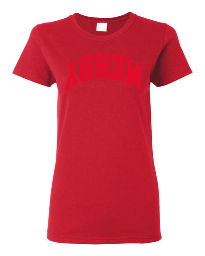 Merry Red Text, Classic College Style Trendy Upside Down Text Ugly Christmas Sweater Ugly Christmas Womens Graphic T-Shirt