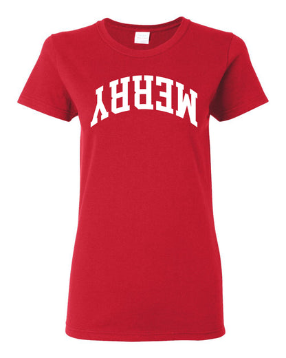 Merry White Text, Classic College Style Trendy Upside Down Ugly Christmas Sweater Ugly Christmas Womens Graphic T-Shirt