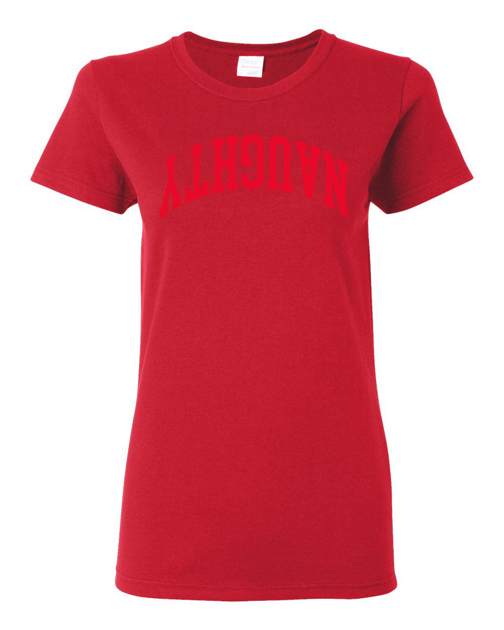 Naughty Red Text, Classic College Style Trendy Upside Down Text Ugly Christmas Sweater Ugly Christmas Womens Graphic T-Shirt