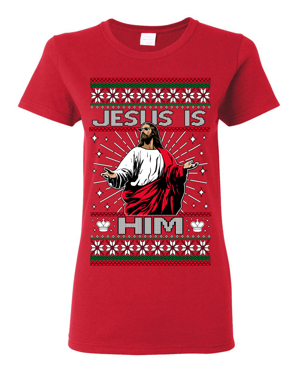 Jesus Is Him Funny Gen Z Viral Meme Shades, Religious Christ Christian Christianity Brain Rot Joke Slang Ugly Christmas Sweater Ugly Christmas Womens Graphic T-Shirt