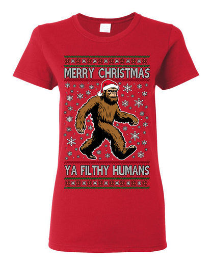 Merry Christmas Ya Filthy Humans Funny Sasquatch, UFO Conspiracy Theory Y2K Big Foot Supernatural Theorist Bigfoot Ugly Christmas Sweater Ugly Christmas Womens Graphic T-Shirt