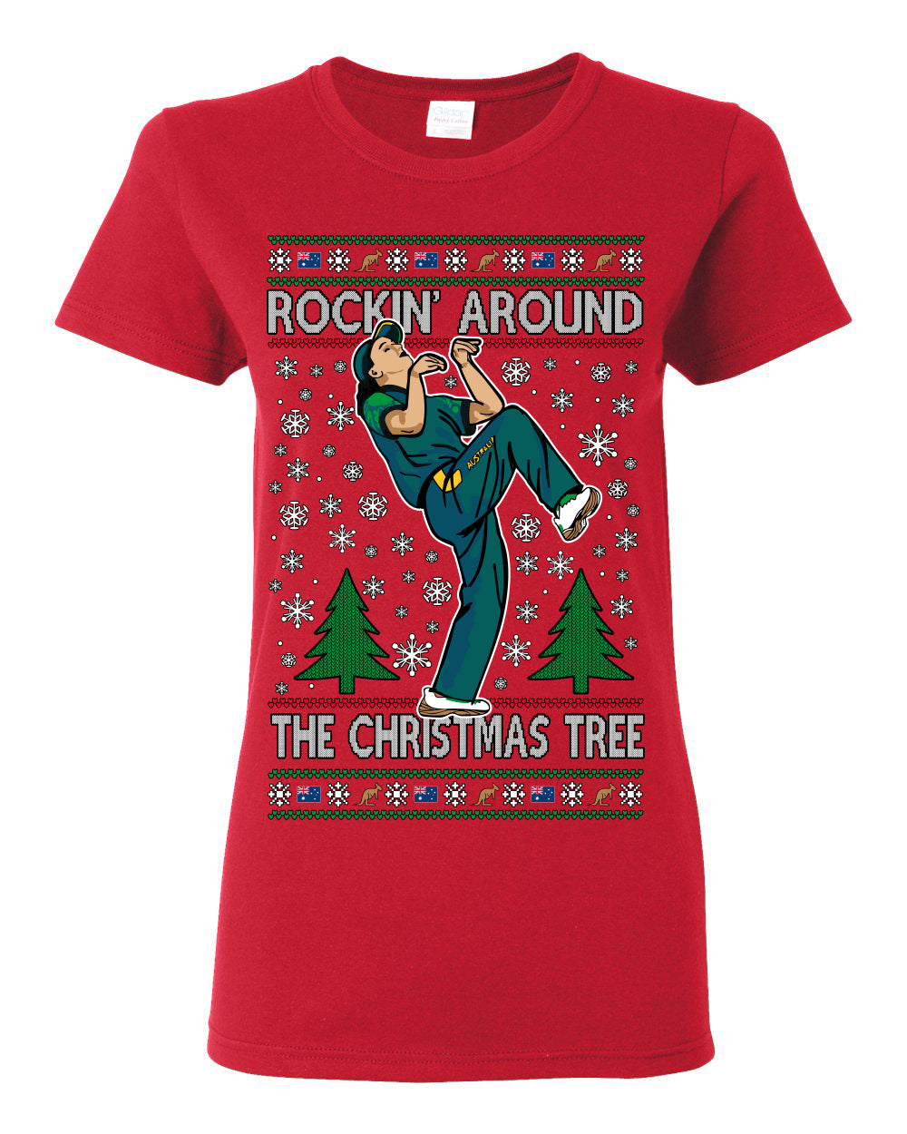 Rockin Around the Christmas Tree Raygun Viral Meme Australian AUS, Sports Australia Breakdancer Ray Gun Funny Ugly Christmas Sweater Ugly Christmas Womens Graphic T-Shirt