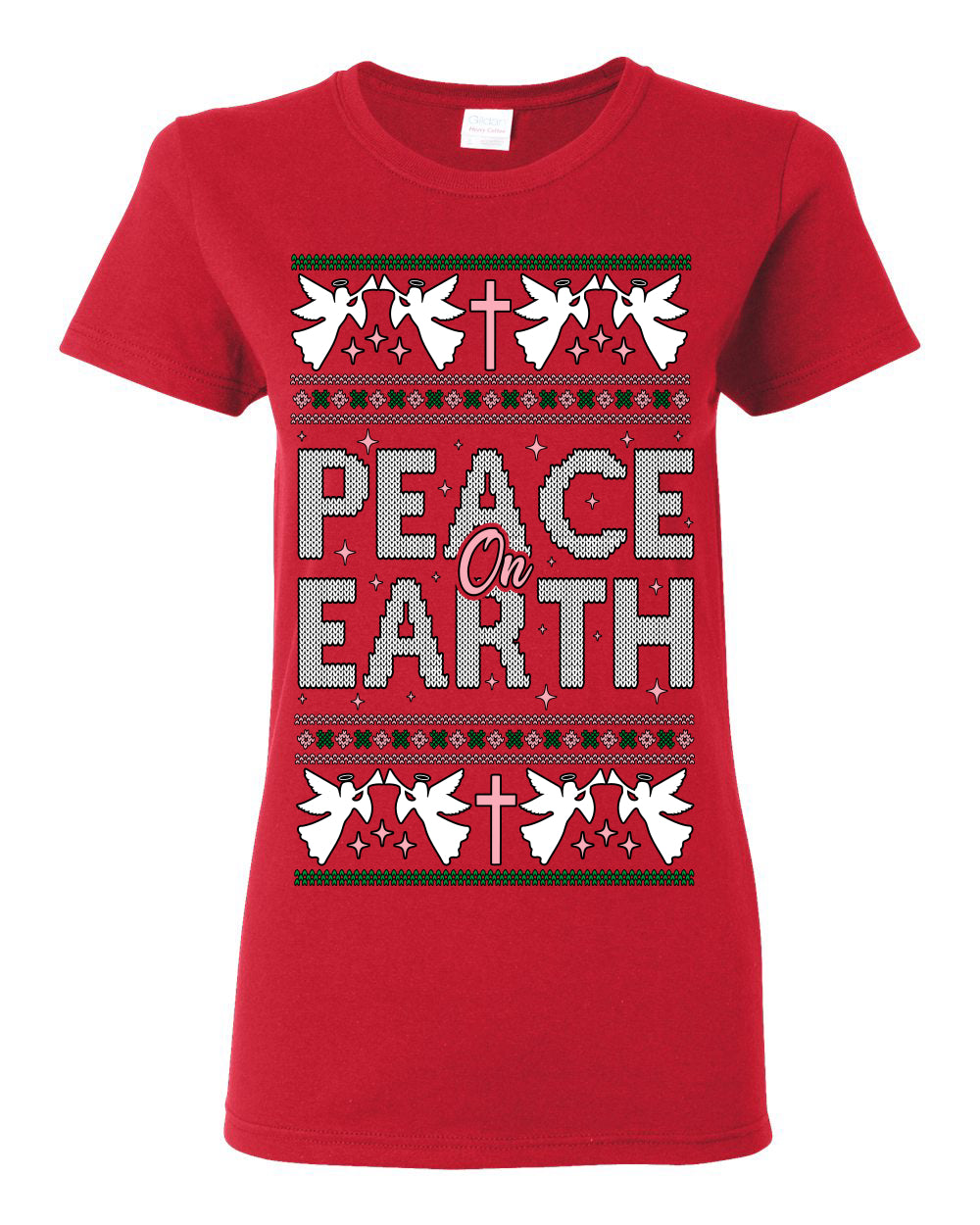 Peace On Earth Funny Xmas Cute Pink Angel Cross, Women Men Religious Christian Catholic Ugly Christmas Sweater Ugly Christmas Womens Graphic T-Shirt