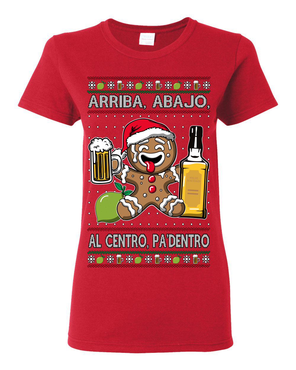 Arriba Abajo Al Centro Pa'Dentro Cheers to Health, Drinking Beer Cerveza Funny Gingerbread Xmas Cookie Ropa en Espanol Salud Ugly Christmas Sweater Ugly Christmas Womens Graphic T-Shirt