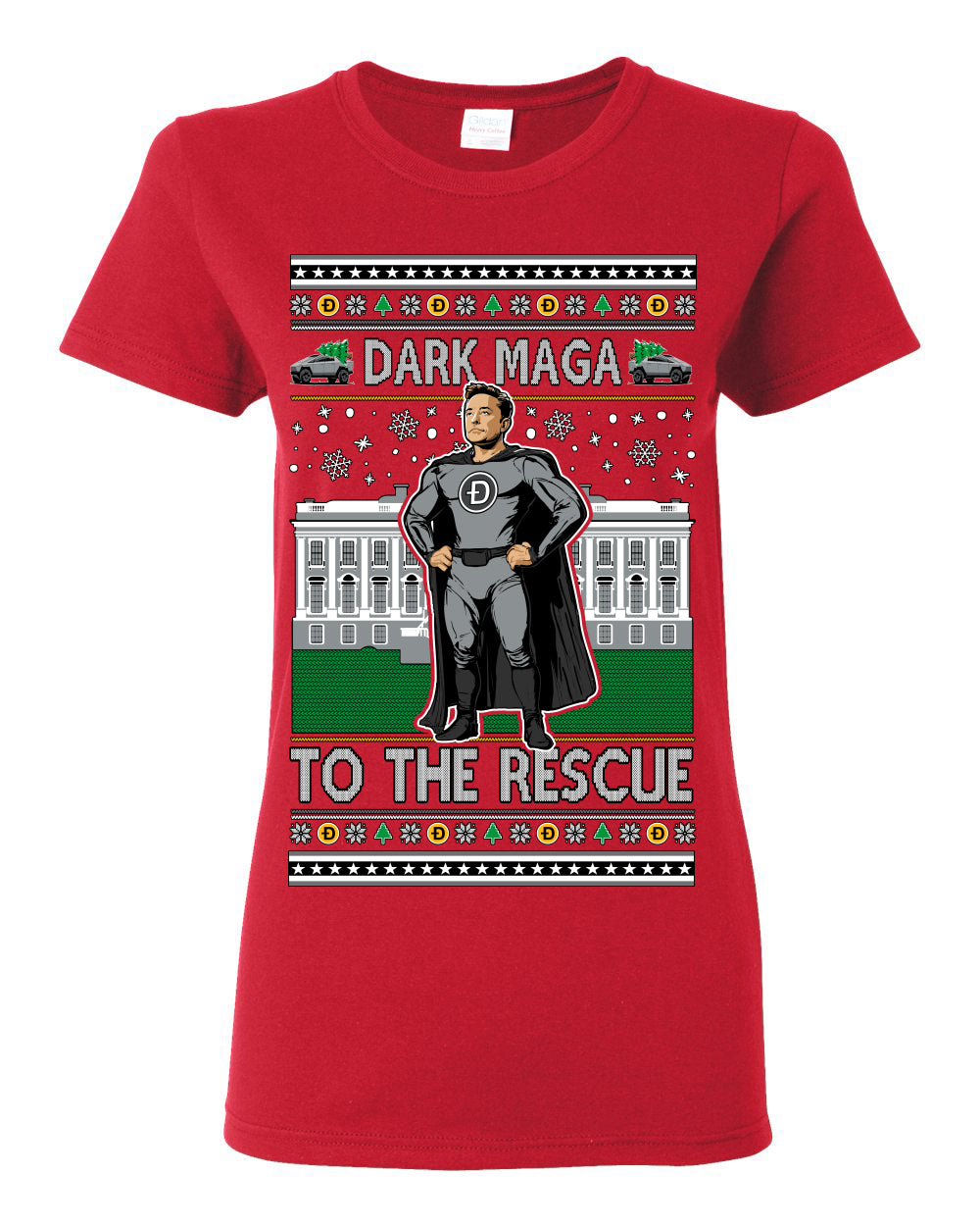 Dark MAGA to the Rescue, Elon Superhero Doge Crypto Dogecoin Make America Great Again Trump 2024 Ugly Christmas Sweater Ugly Christmas Womens Graphic T-Shirt