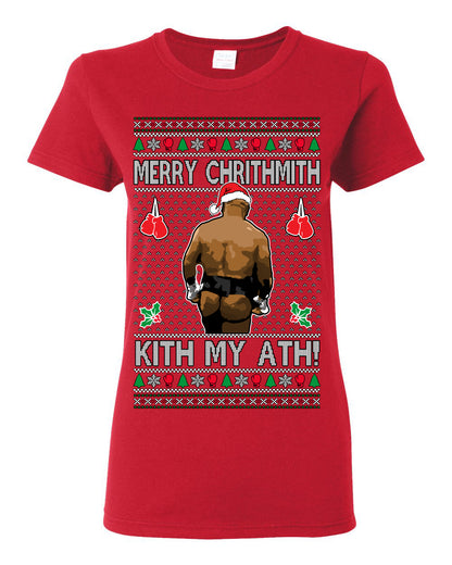 Merry Chrithmith Kith My Ath, Mike Tyson Butt Viral Kiss My Ass Boxing Fight Meme, Men Women Funny Ugly Christmas Sweater Ugly Christmas Womens Graphic T-Shirt