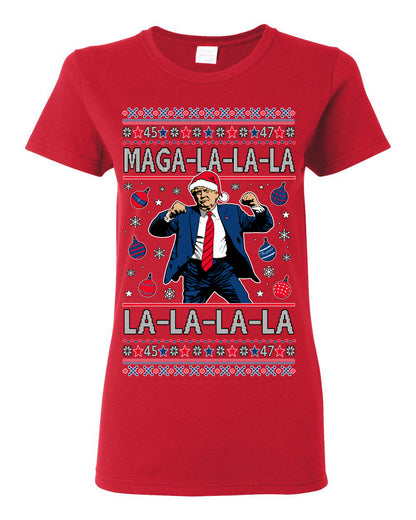 Maga La La La, Funny Xmas Santa Donald Trump Viral Shimmy Dance Classic Christmas Carol Song, Ugly Christmas Sweater Ugly Christmas Womens Graphic T-Shirt