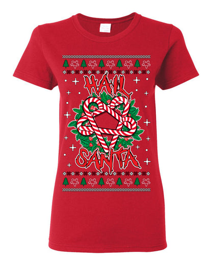 Hail Santa Funny Satanic, Candy Cane Wreath Devil Heavy Metal Rock Metalcore Music, Satan 666 Agnostic Areligious Ugly Christmas Sweater Ugly Christmas Womens Graphic T-Shirt