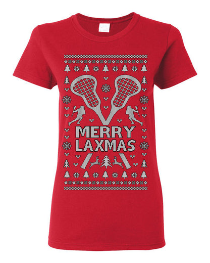 Merry Laxmas Funny Lacrosse Sports LAX, Teen Sport Player Boys Girls Adult Pun Ugly Christmas Sweater Ugly Christmas Womens Graphic T-Shirt