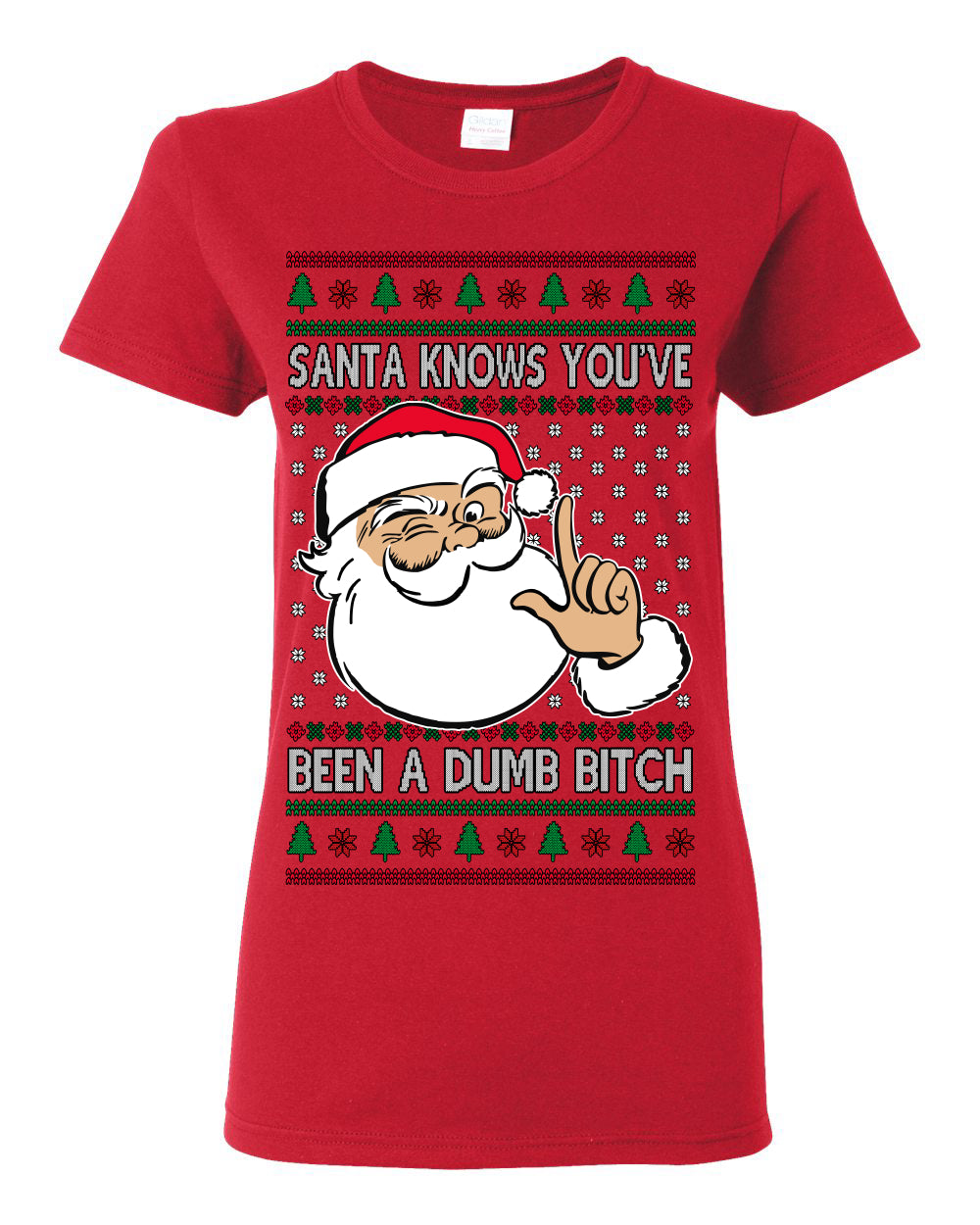 Santa Knows You've Been a Dumb Bitch Funny Vulgar Dirty Ugly Christmas Sweater Ugly Christmas Womens Graphic T-Shirt
