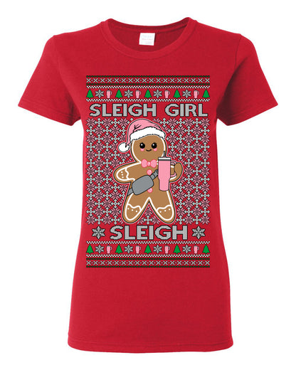 Sleigh Girl Sleigh Funny Trendy Pop Girly Sling Bag Coffee Cup Ugly Christmas Sweater Ugly Christmas Womens Graphic T-Shirt