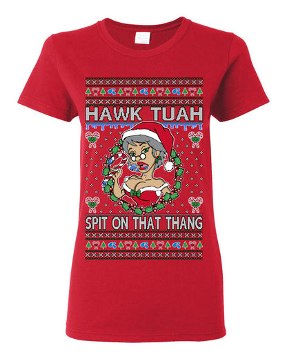 Hawk Tuah Spit On That Thang, Viral Hilarious Candy Cane Mrs Claus Funny Naughty Suck Meme, Ugly Christmas Sweater Ugly Christmas Womens Graphic T-Shirt