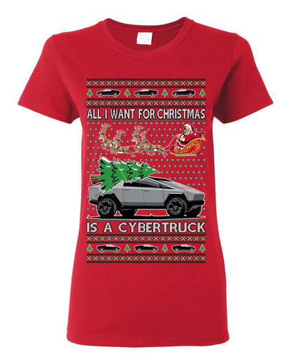 All I Want for Christmas is a Cybertruck, Funny Tech Cyber Truck Elon Musk Santa Claus Reindeer, Meme Ugly Christmas Sweater Ugly Christmas Womens Graphic T-Shirt