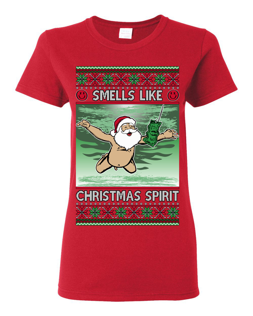 Smells Like Christmas Spirit, Funny Santa Claus Classic 90s Alternative Rock Album Cover Music Parody Ugly Christmas Sweater Ugly Christmas Womens Graphic T-Shirt