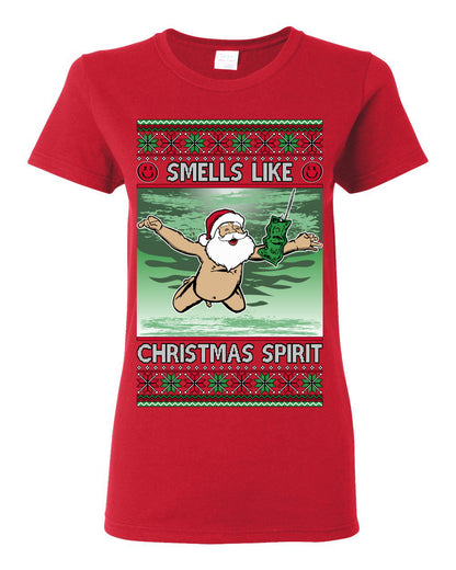 Smells Like Christmas Spirit, Funny Santa Claus Classic 90s Alternative Rock Album Cover Music Parody Ugly Christmas Sweater Ugly Christmas Womens Graphic T-Shirt