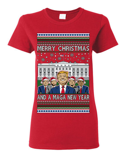 Merry Christmas and a MAGA New Year 2025, Trump Vance Administration 45 47 Make America Great Again USA Ugly Christmas Sweater Ugly Christmas Womens Graphic T-Shirt