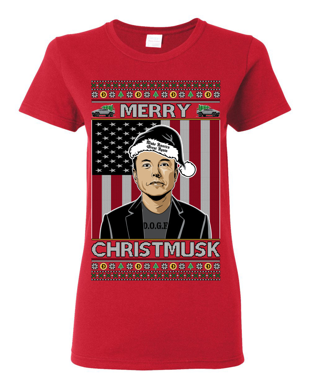 Merry Christmusk Funny Dark MAGA Santa Elon Doge Meme, Crypto Dogecoin America First USA Republican Ugly Christmas Sweater Ugly Christmas Womens Graphic T-Shirt