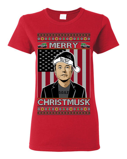 Merry Christmusk Funny Dark MAGA Santa Elon Doge Meme, Crypto Dogecoin America First USA Republican Ugly Christmas Sweater Ugly Christmas Womens Graphic T-Shirt
