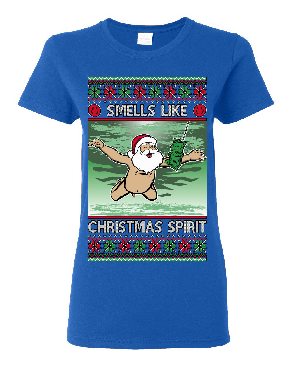 Smells Like Christmas Spirit, Funny Santa Claus Classic 90s Alternative Rock Album Cover Music Parody Ugly Christmas Sweater Ugly Christmas Womens Graphic T-Shirt