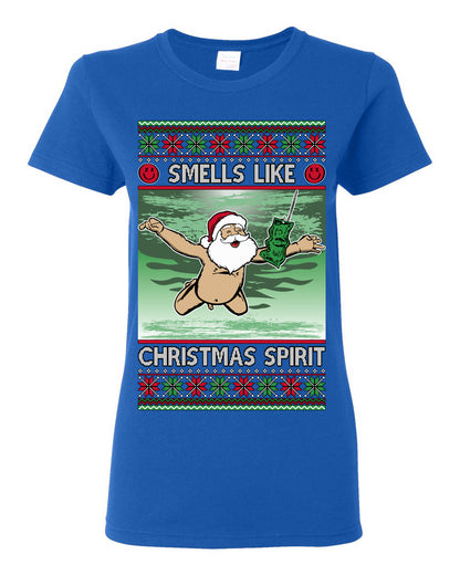 Smells Like Christmas Spirit, Funny Santa Claus Classic 90s Alternative Rock Album Cover Music Parody Ugly Christmas Sweater Ugly Christmas Womens Graphic T-Shirt