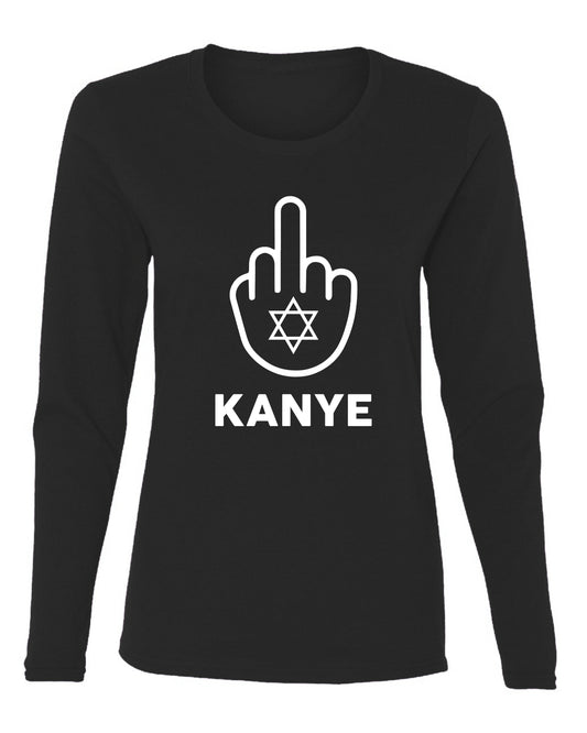 F Kanye Middle Finger Jewish Star Viral Trending Meme, White, Hip Hop Music Pop Culture Womens Graphic Long Sleeve T-Shirt