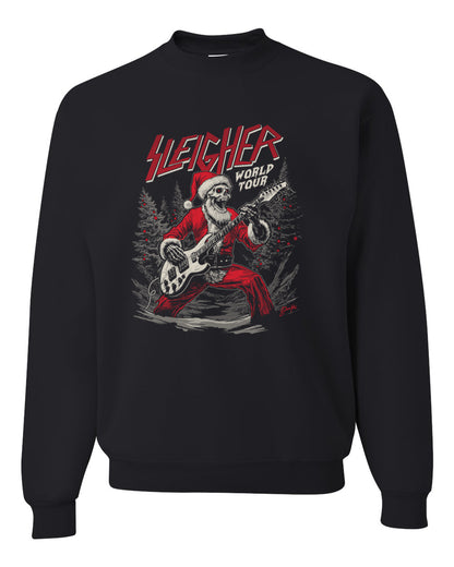 Sleigher World Tour | Funny Heavy Metal Electric Rock Guitar Skull Santa Claus Xmas North Pole Ugly Christmas Unisex Crewneck Sweatshirt