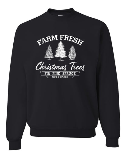 Farm Fresh Christmas Trees Classic White Design | Fir Pine Sprice, Cut and Carry, Classic Vintage Winter Holiday Tree Logo Ugly Christmas Unisex Crewneck Sweatshirt