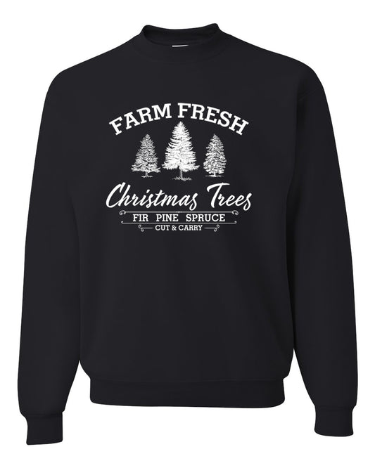 Farm Fresh Christmas Trees Classic White Design | Fir Pine Sprice, Cut and Carry, Classic Vintage Winter Holiday Tree Logo Ugly Christmas Unisex Crewneck Sweatshirt