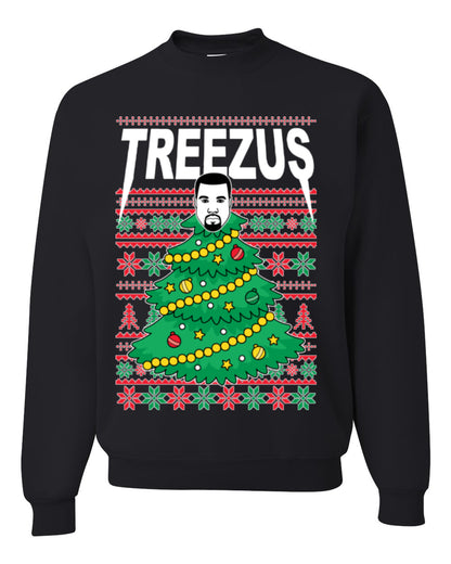 Treezus Funny Xmas Viral Meme Hip Hop Rapper Music Tour Merch, Tree Jesus Pun Joke Ugly Christmas Sweater Ugly Christmas Unisex Crewneck Sweatshirt