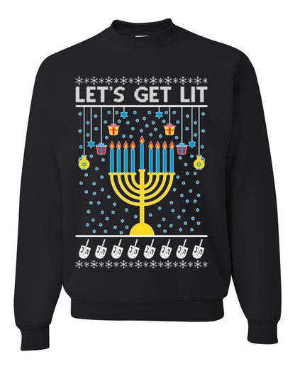 Let's Get Lit, Funny Chanukah Menorah Winter Jewish Holidays, Hanukkah Ugly Christmas Sweater Ugly Christmas Unisex Crewneck Sweatshirt