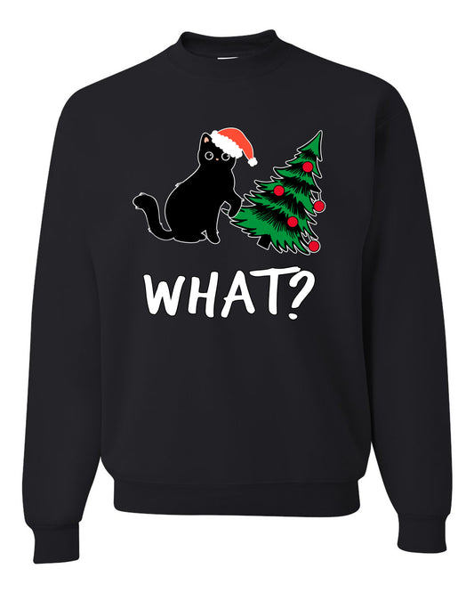 What? Funny Guilty Santa Cat Christmas Tree Mischief Pet Humor Ugly Christmas Unisex Crewneck Sweatshirt