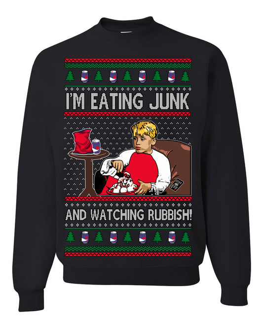 I'm Eating Junk and Watching Rubbish, Classic 90s Xmas Kevin Movie Ice Cream Soda Alone Movies, Ugly Christmas Sweater Ugly Christmas Unisex Crewneck Sweatshirt