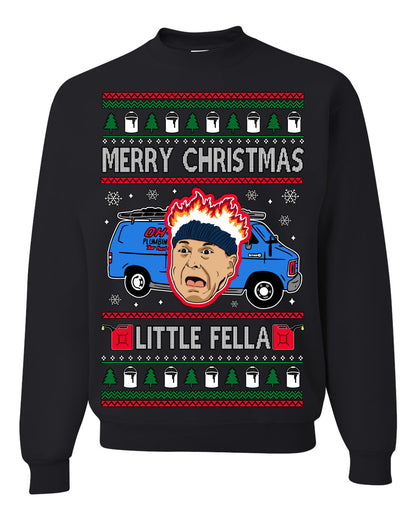 Merry Christmas Little Fella, Classic Funny 90s Harry Kevin Fire Plumbing Van Bandits, Movie Quote Ugly Christmas Sweater Ugly Christmas Unisex Crewneck Sweatshirt