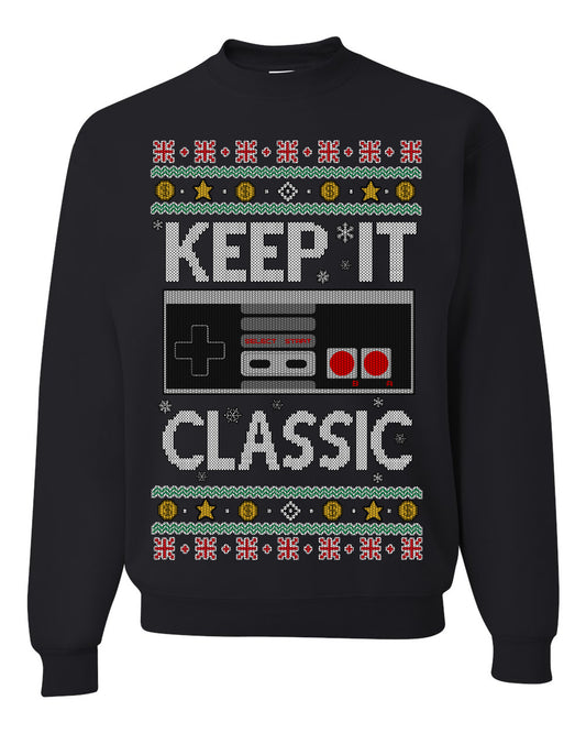 Keep It Classic 80s Video Game Controller, Retro Vintage Games  | Funny Ugly Christmas Sweater Crewneck Sweatshirt Ugly Christmas Unisex Crewneck Sweatshirt